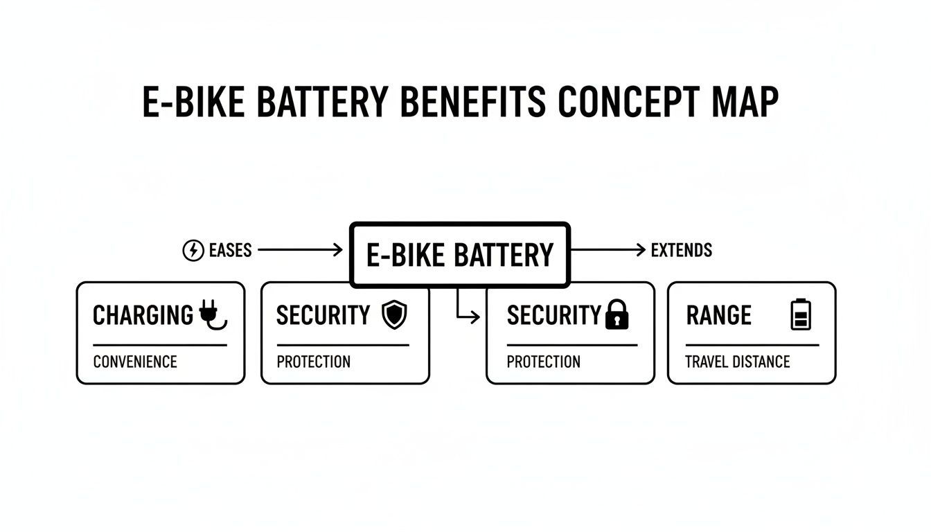 Concept map illustrating e-bike battery benefits: convenient charging, enhanced security, and extended range.