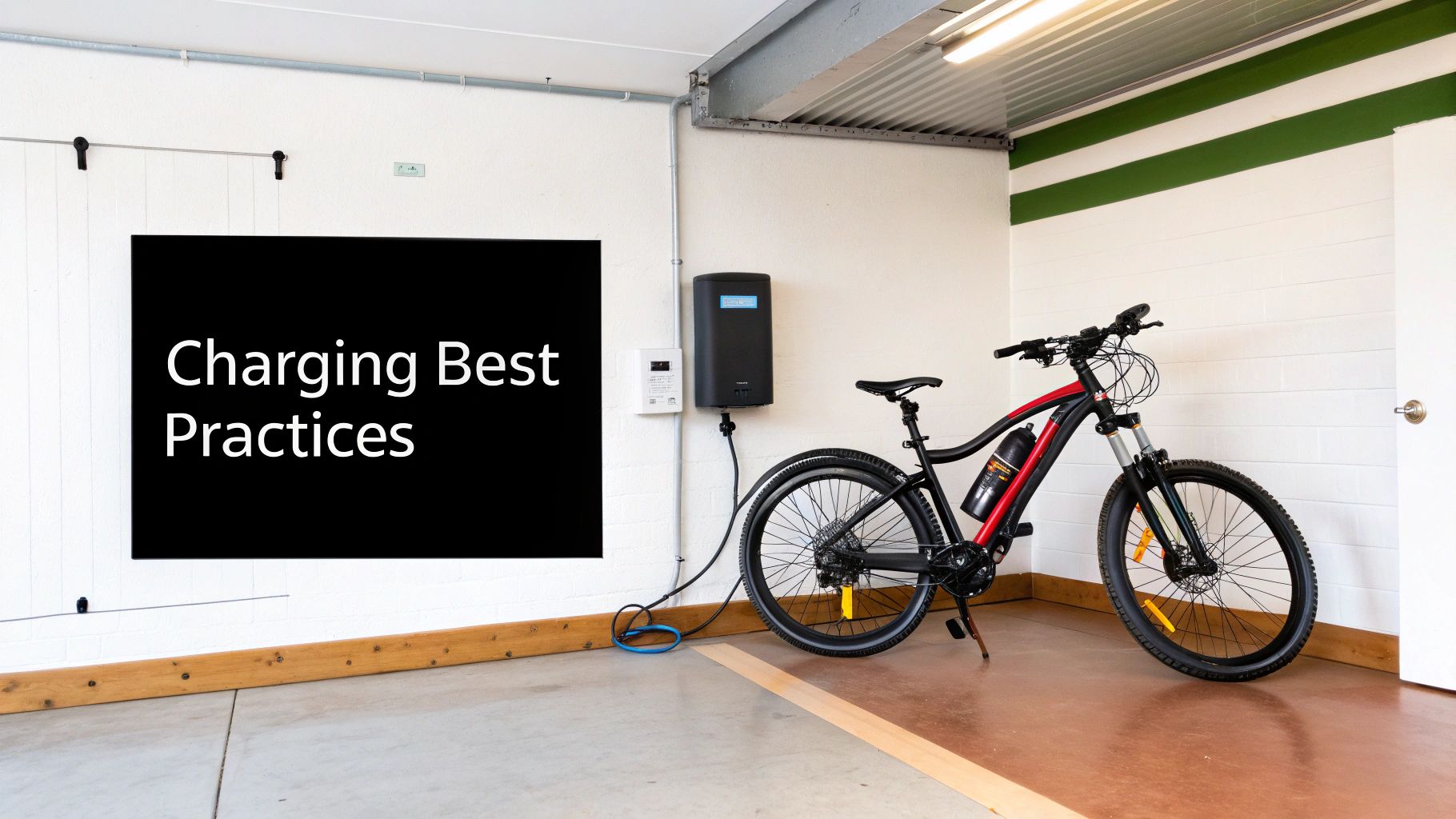 A person carefully removing the battery from their electric bike in a garage setting