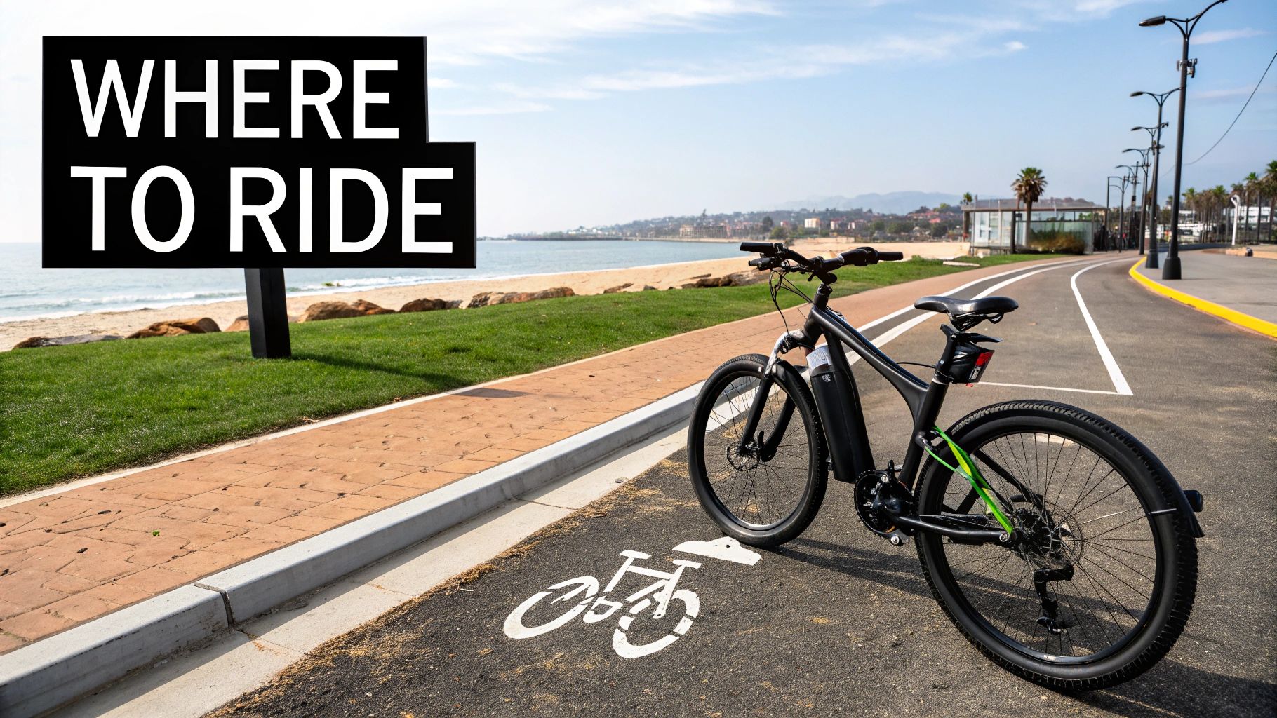 An electric bike on a coastal bike path next to a sandy beach with a 'WHERE TO RIDE' sign.
