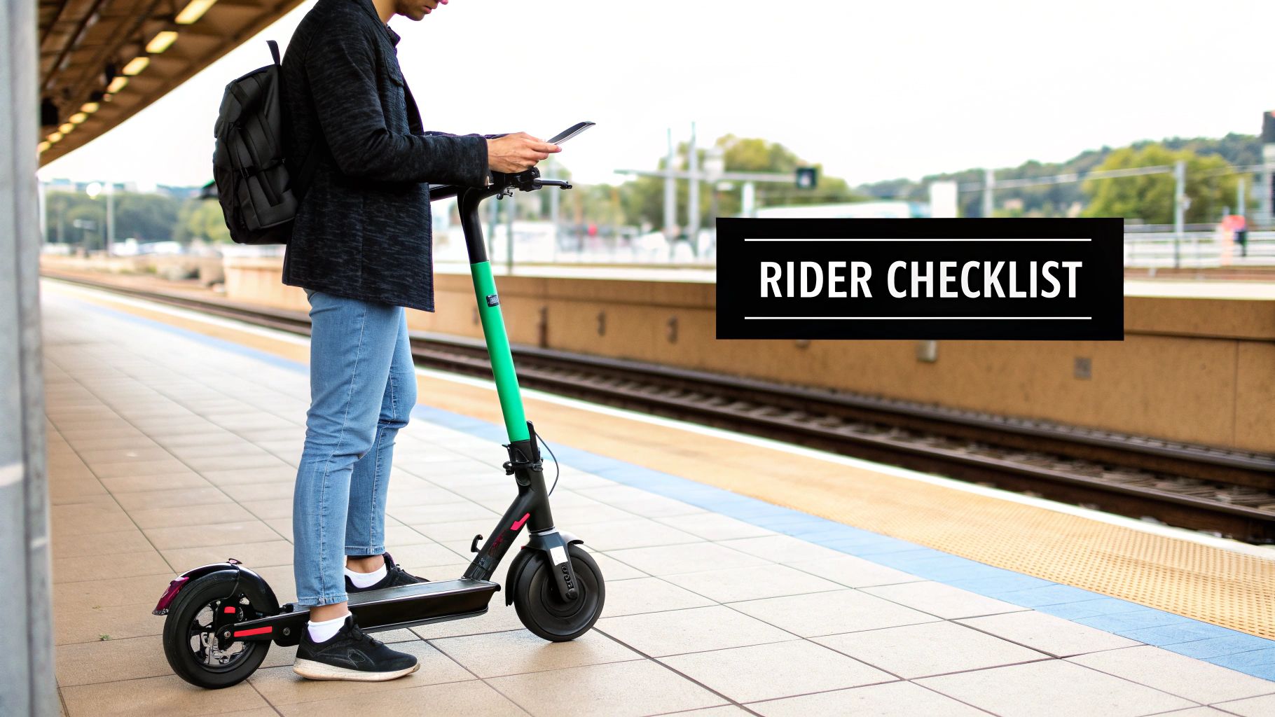 A close-up of an electric scooter's wheel hub motor and suspension.