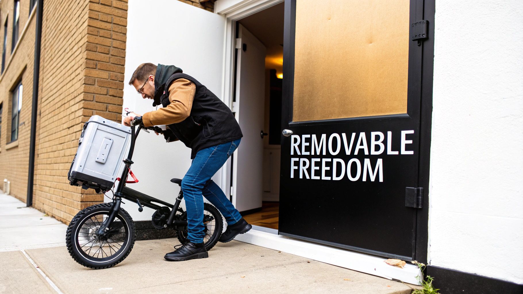 A man pushes a black electric cargo bike with a large grey removable battery box through a doorway.