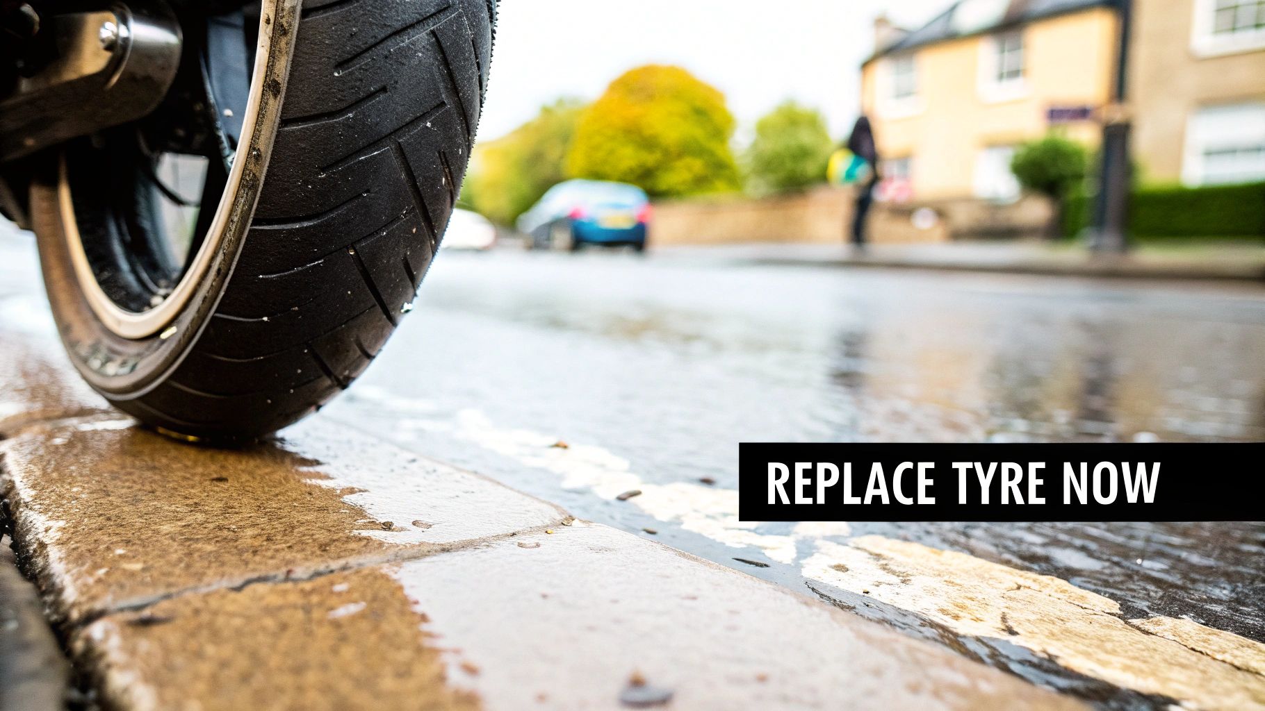 Close-up of a worn motorcycle tyre on a wet curb, with a street in the background and a text overlay 'REPLACE TYRE NOW'.