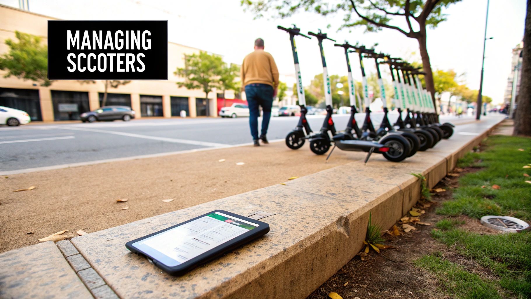 A row of electric scooters parked on an urban sidewalk with a tablet and a 'MANAGING SCOOTERS' sign.