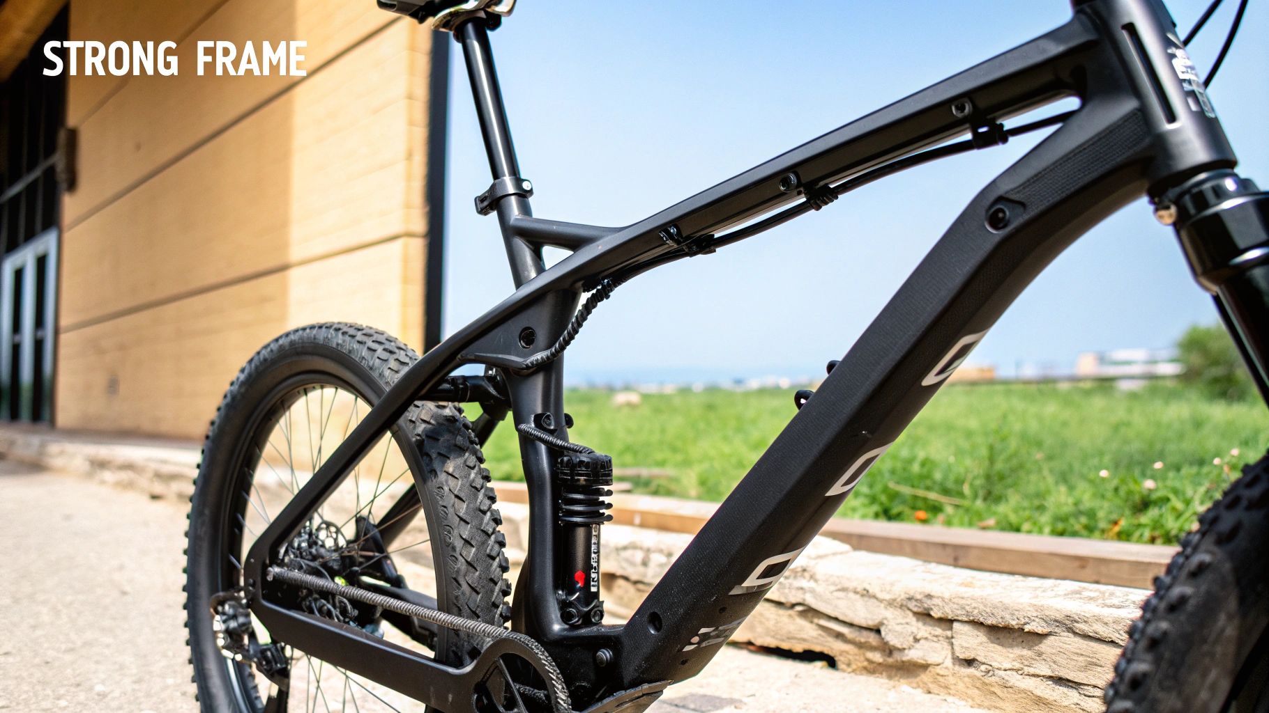 Disc brakes and the front wheel of a powerful ebike, representing durable components for heavy riders.