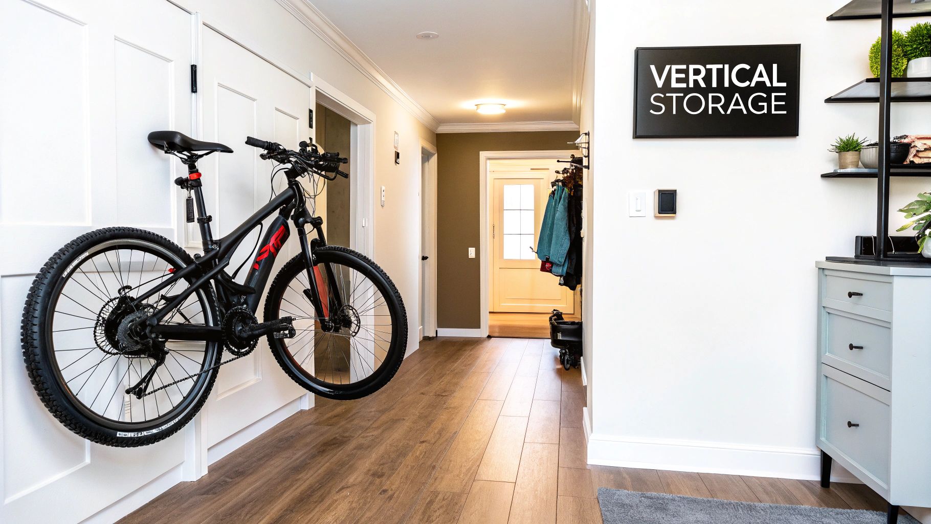 An electric bike mounted vertically on a living room wall, saving floor space.
