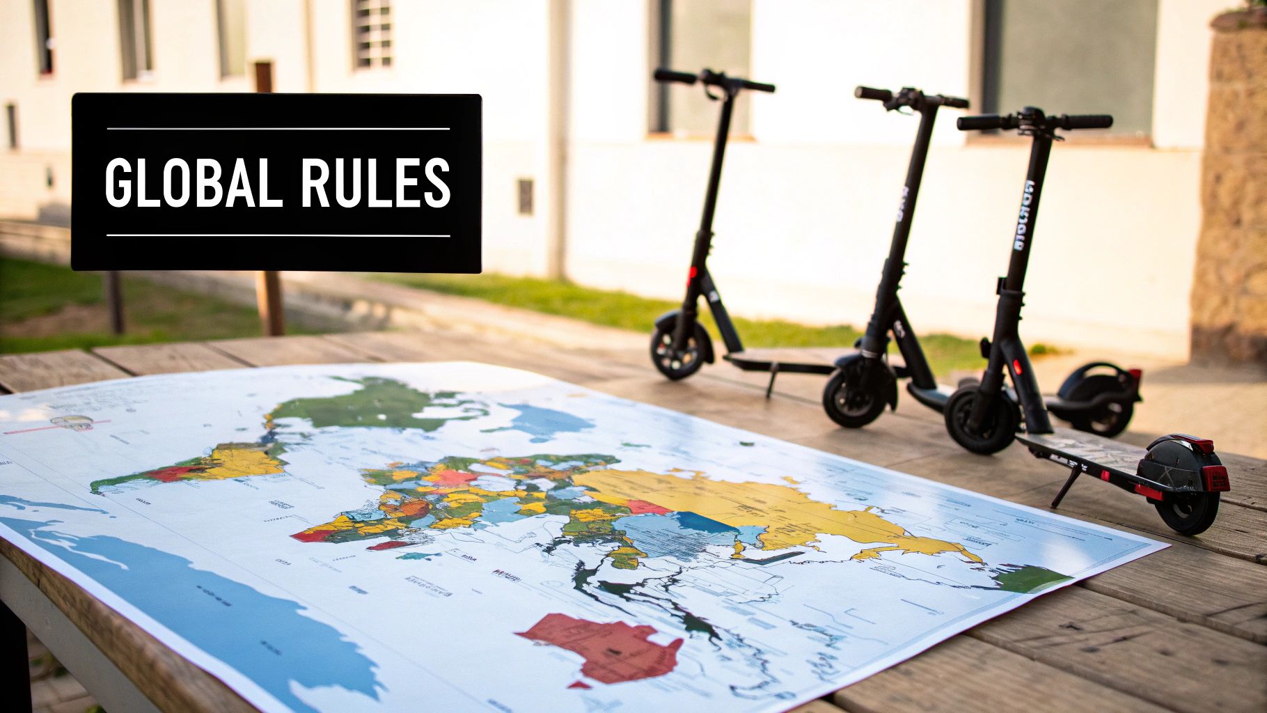 A global map, three electric scooters, and a sign saying "GLOBAL RULES" on a wooden table.