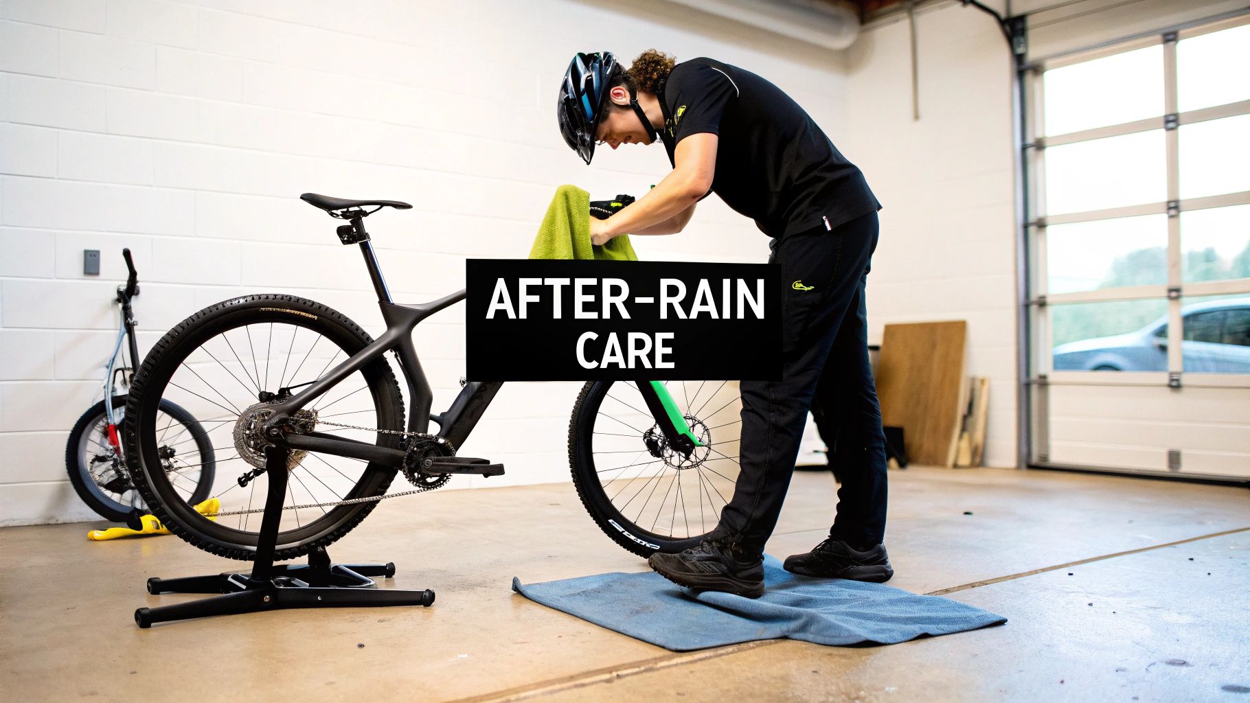 A person wiping down a wet ebike with a cloth