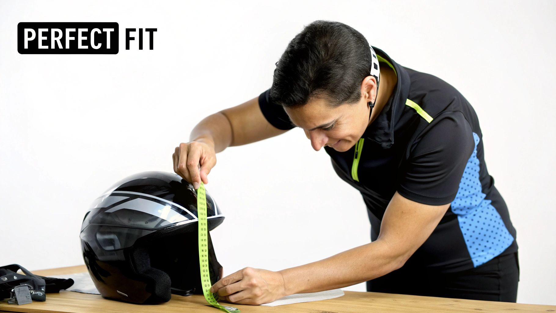 A person is carefully measuring a black helmet with a green tape on a wooden table, emphasizing perfect fit.