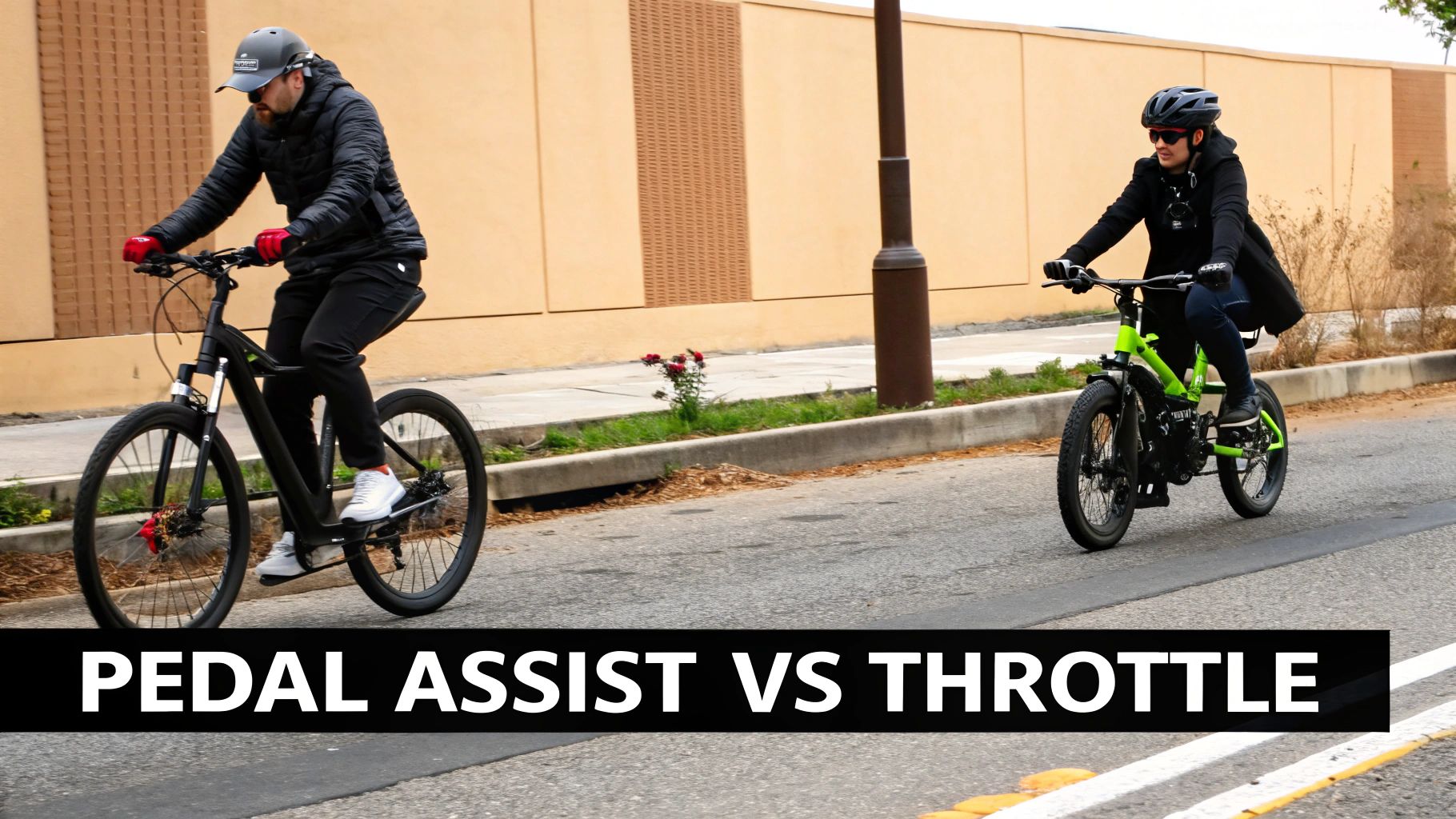 Two cyclists riding electric bikes comparing pedal assist versus throttle control systems on urban street