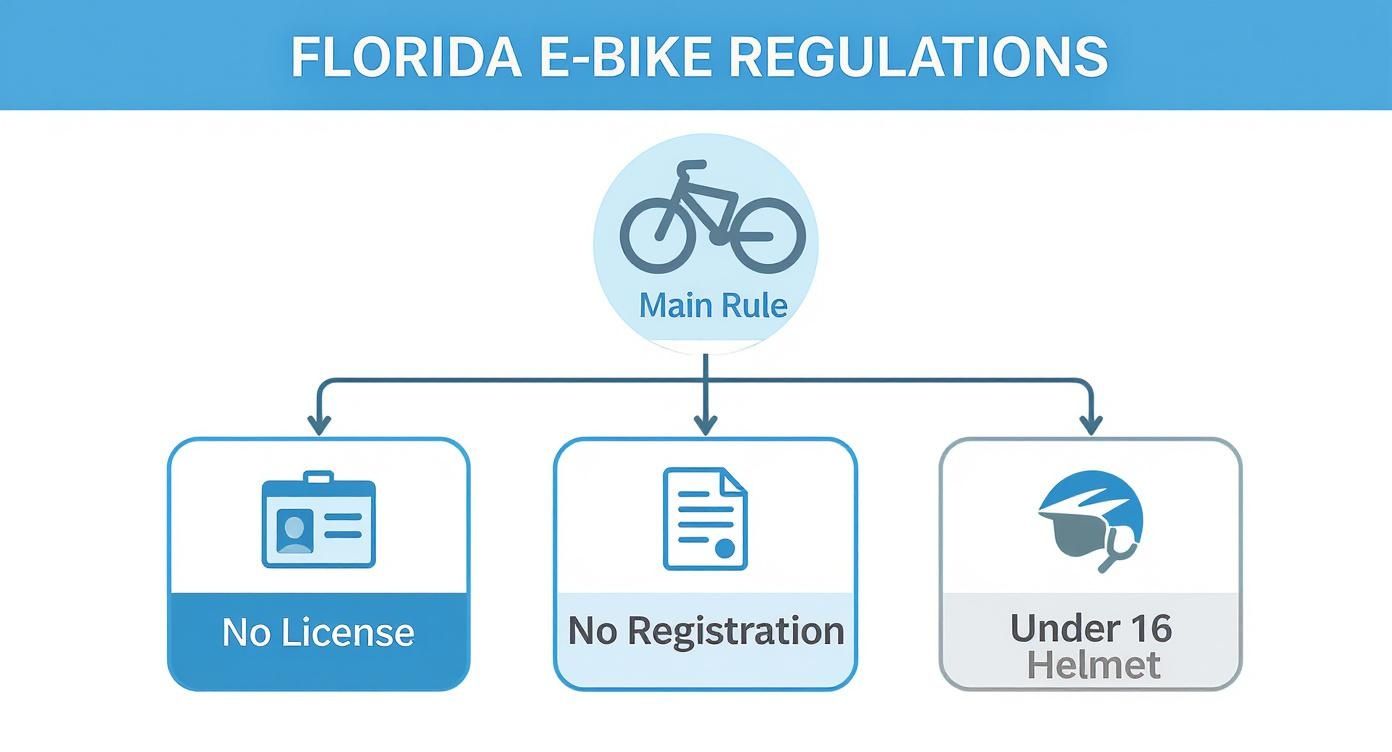 Flowchart detailing Florida e-bike regulations: no license, no registration, and helmet required for riders under 16.