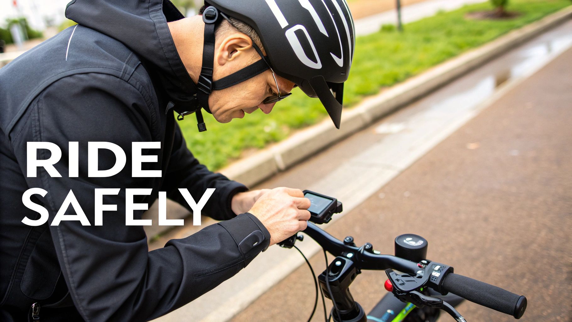 Person in a helmet adjusting an electric bike's display, with text overlay 'RIDE SAFELY'.