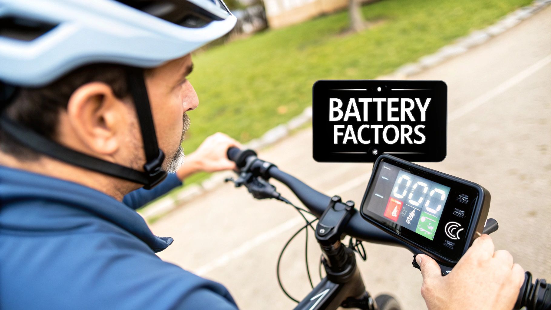 A person riding an electric bike up a paved hill surrounded by green trees
