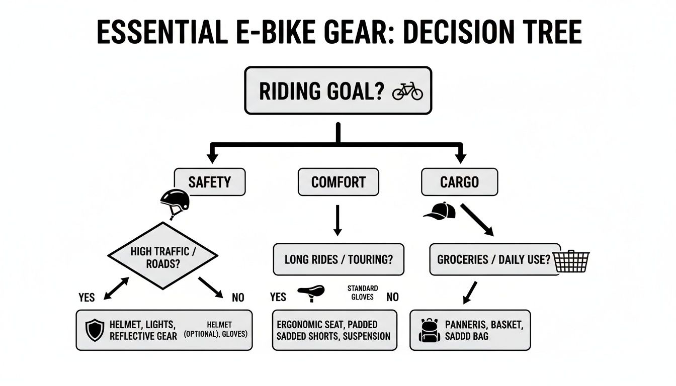 Diagram drzewa decyzyjnego przedstawiający zalecenia dotyczące niezbędnego sprzętu do roweru elektrycznego w oparciu o cele jazdy.