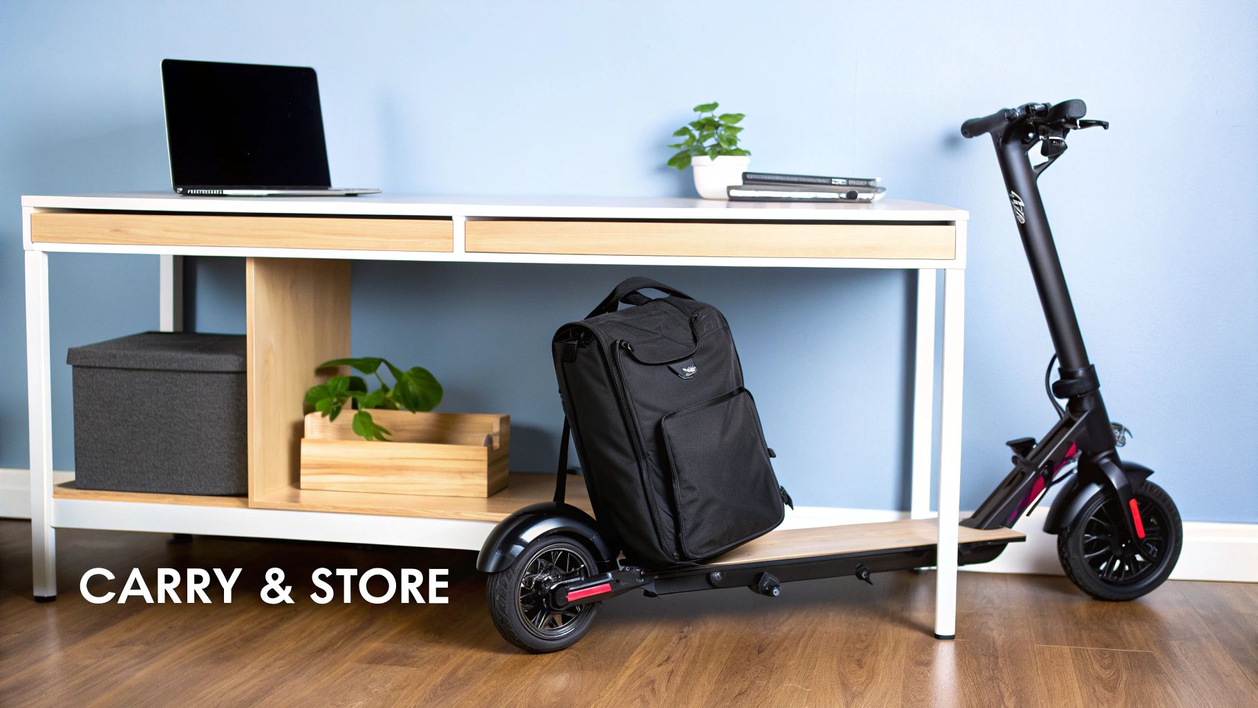Two foldable electric scooters, one with a backpack, stored under a modern desk in a home office.