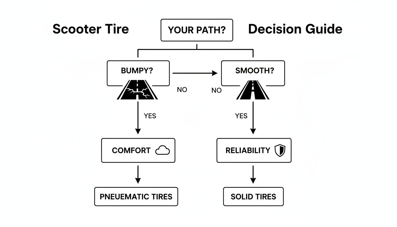 Schemat blokowy decyzji dotyczących opon do hulajnogi zalecający opony pneumatyczne na wyboiste ścieżki i opony pełne na gładkie ścieżki.