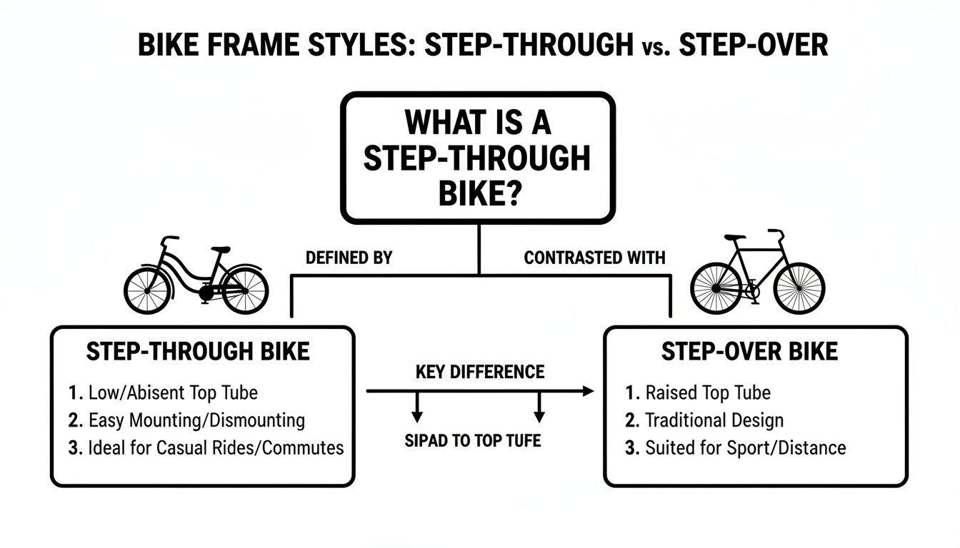 Diagramm, mis võrdleb astmega läbi ja astmega üle jalgratta raamistiile, tuues esile peamised erinevused ja kasutusviisid.
