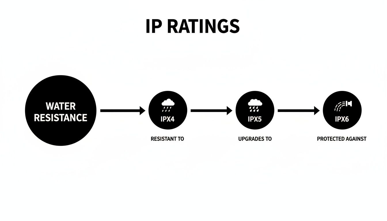 Schemat blokowy szczegółowo przedstawiający stopnie wodoodporności IPX4, IPX5 i IPX6, od deszczu po strumienie wody.