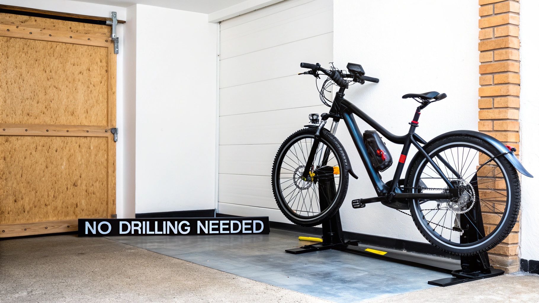 An electric bike leaning against a gravity stand in a modern apartment.