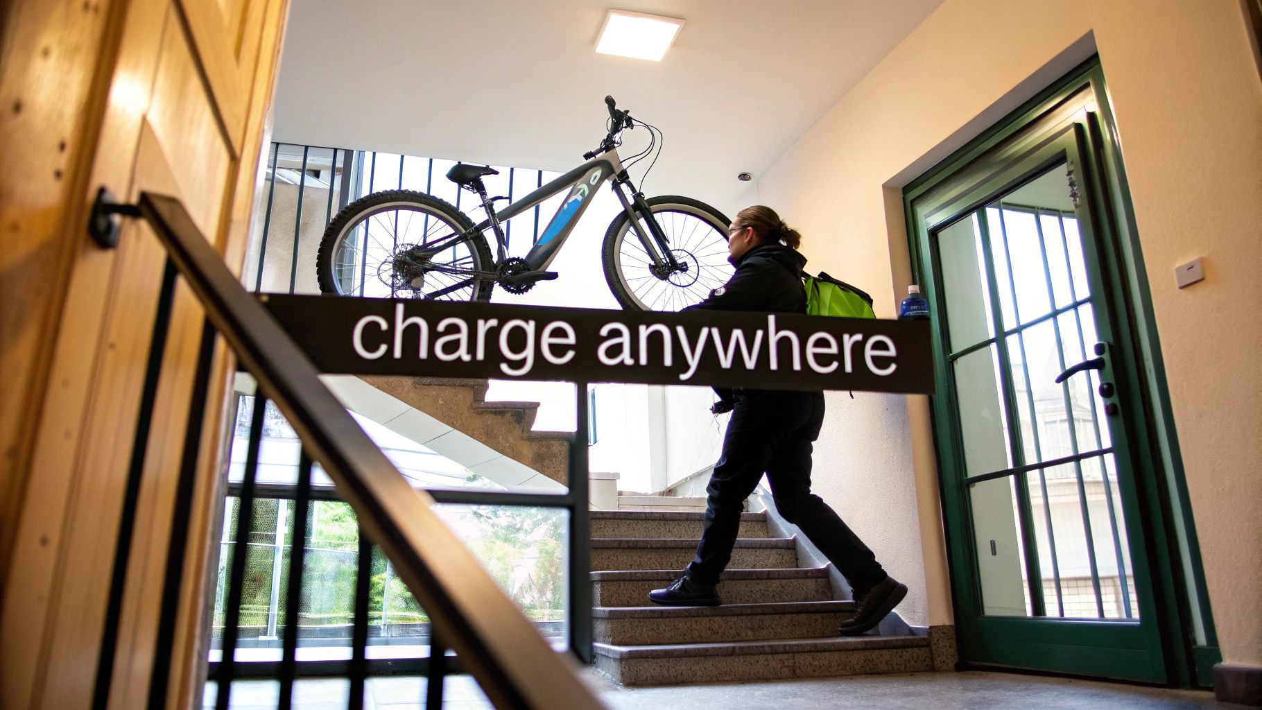 Inimene kõnnib trepist üles riputatud elektrijalgratta ja „laadige kõikjal“ sildi all.