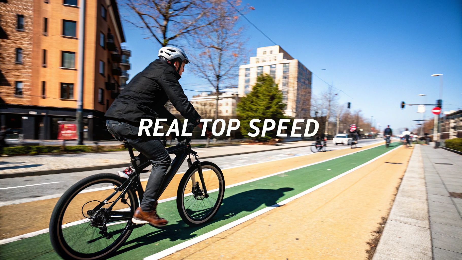 A person in a helmet and dark clothing rides a bicycle on a green and yellow bike path through a city.