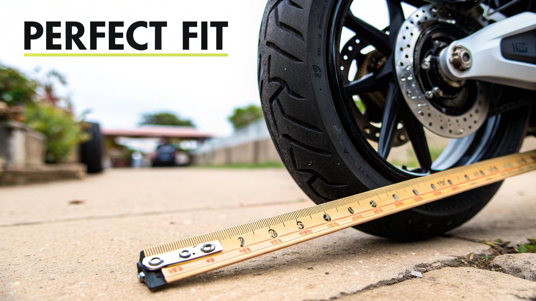 A motorcycle tire is measured with a folding ruler on the ground, emphasizing a perfect fit.