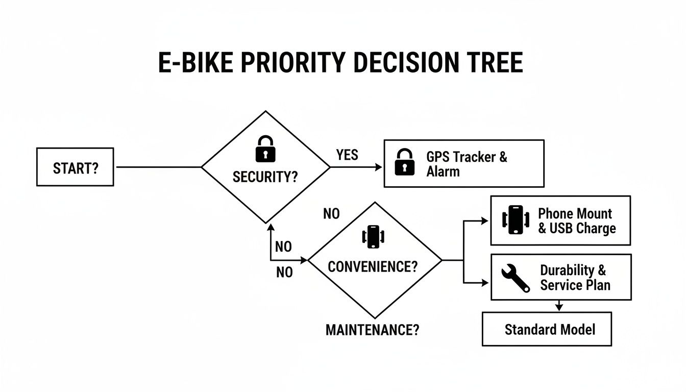 Drzewo decyzyjne dotyczące wyboru akcesoriów do rowerów elektrycznych, kładące nacisk na bezpieczeństwo, wygodę i konserwację.