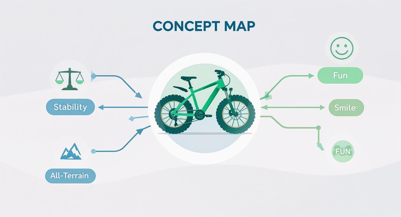 Concept map showing fat tire electric bike features including stability, all-terrain capability, fun, and smile