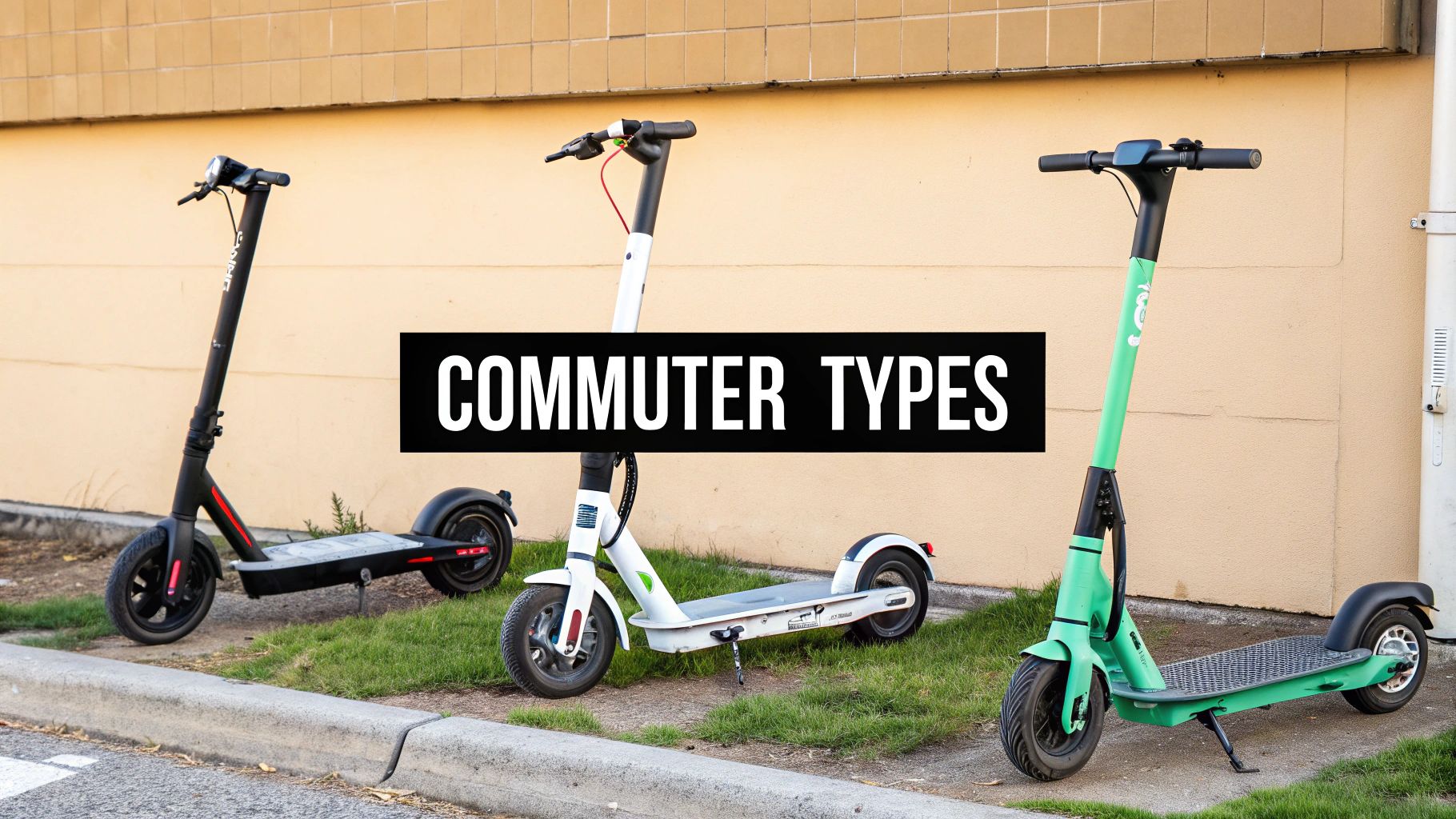 Three electric scooters, black, white, and green, parked on grass for commuting.