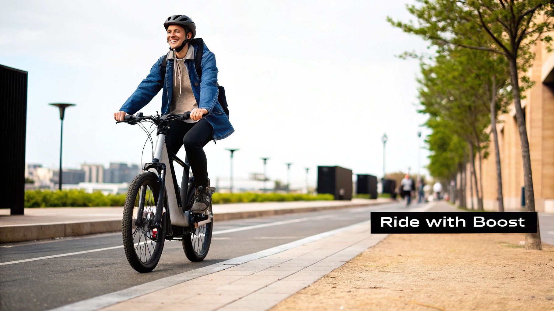 A cheerful man in a helmet rides a sleek pedal-assist bike along a tree-lined urban street.