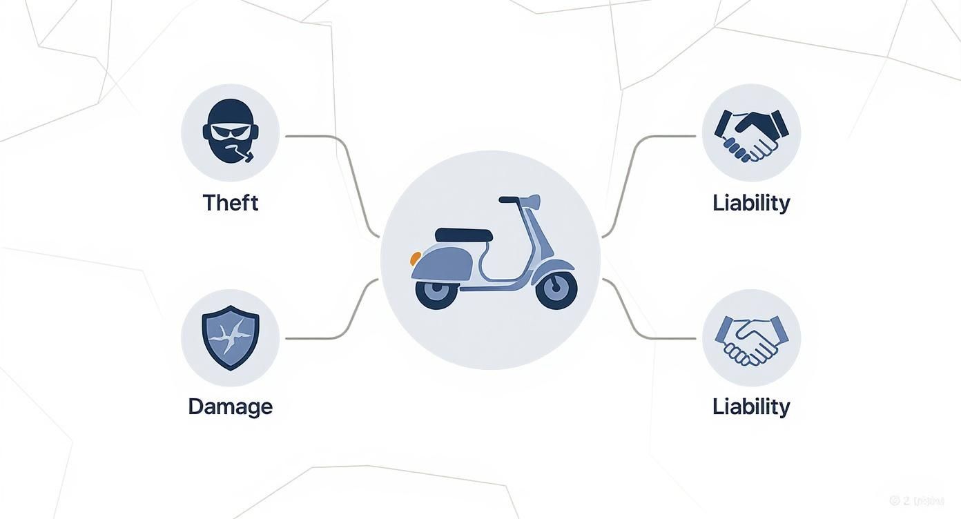A diagram illustrating scooter insurance coverage options: protection against theft, damage, and liability.