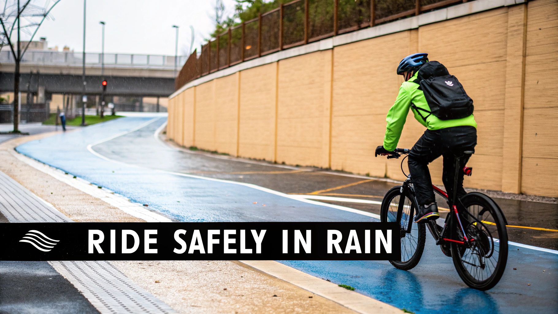 A person riding an electric bike on a wet city street, with reflections on the pavement.