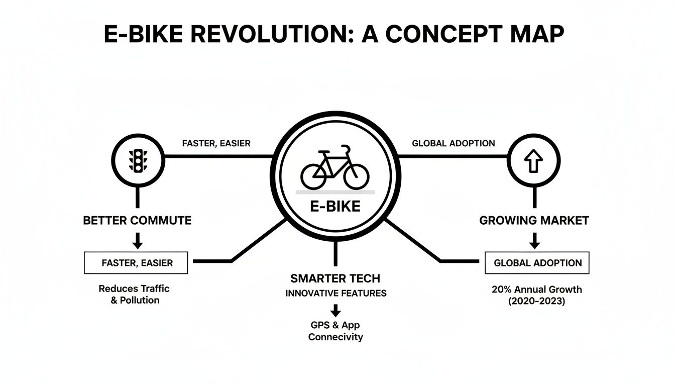 A concept map illustrating the e-bike revolution, highlighting benefits like better commute, smarter tech, and a growing market.
