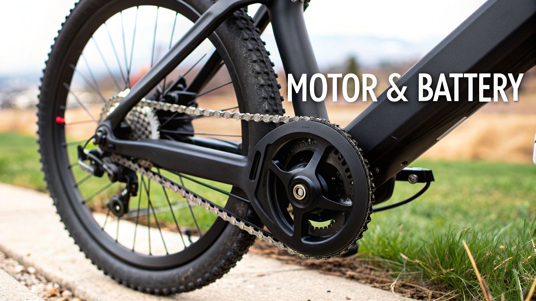 Detail shot of a black electric mountain bike showing its motor, battery, chain, and rear wheel.