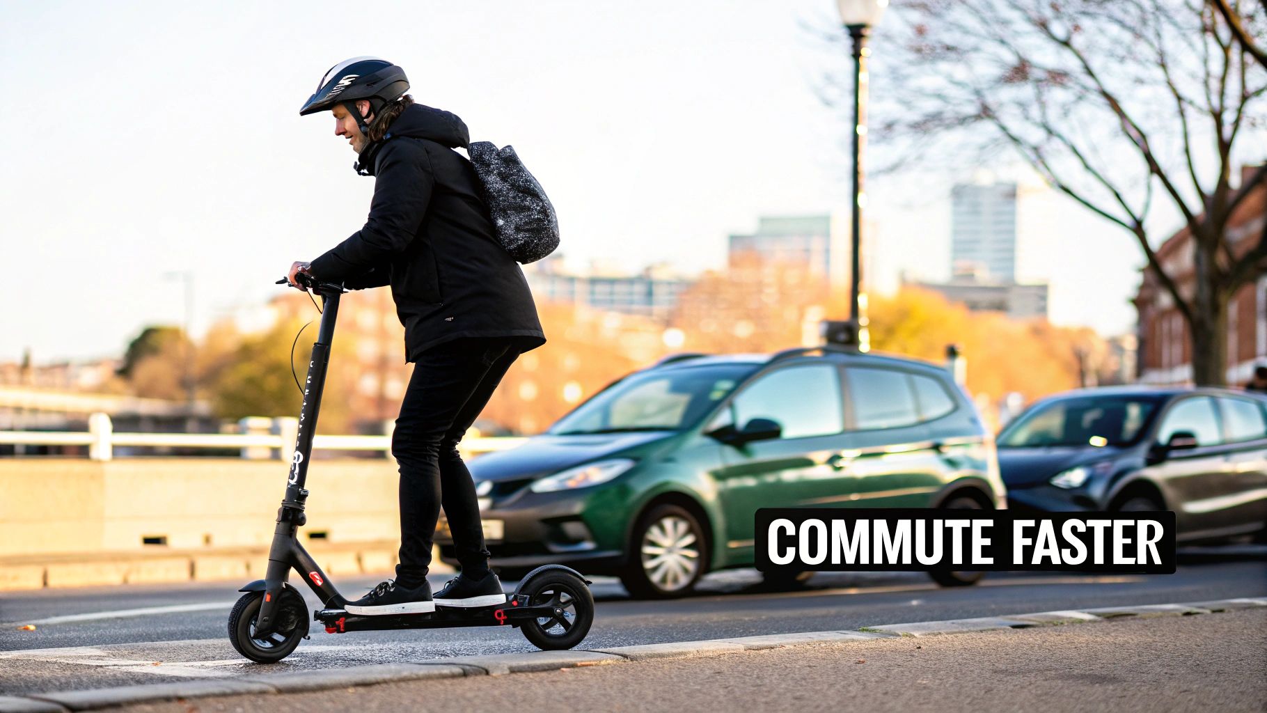 Mees kiivrit kandes sõidab elektrilise tõukerattaga linnatänaval, autodega tema taga.