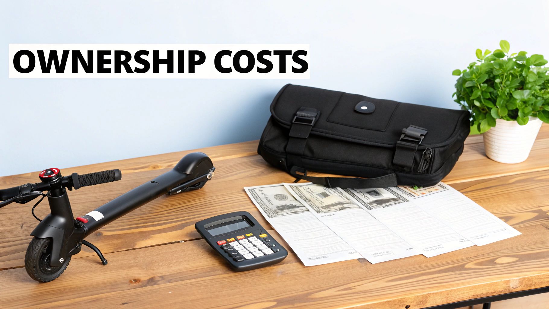 Elektritõukeratas, kalkulaator, raha ja dokumendid puidust laual tekstiga 'OMANIKU KULUD'.