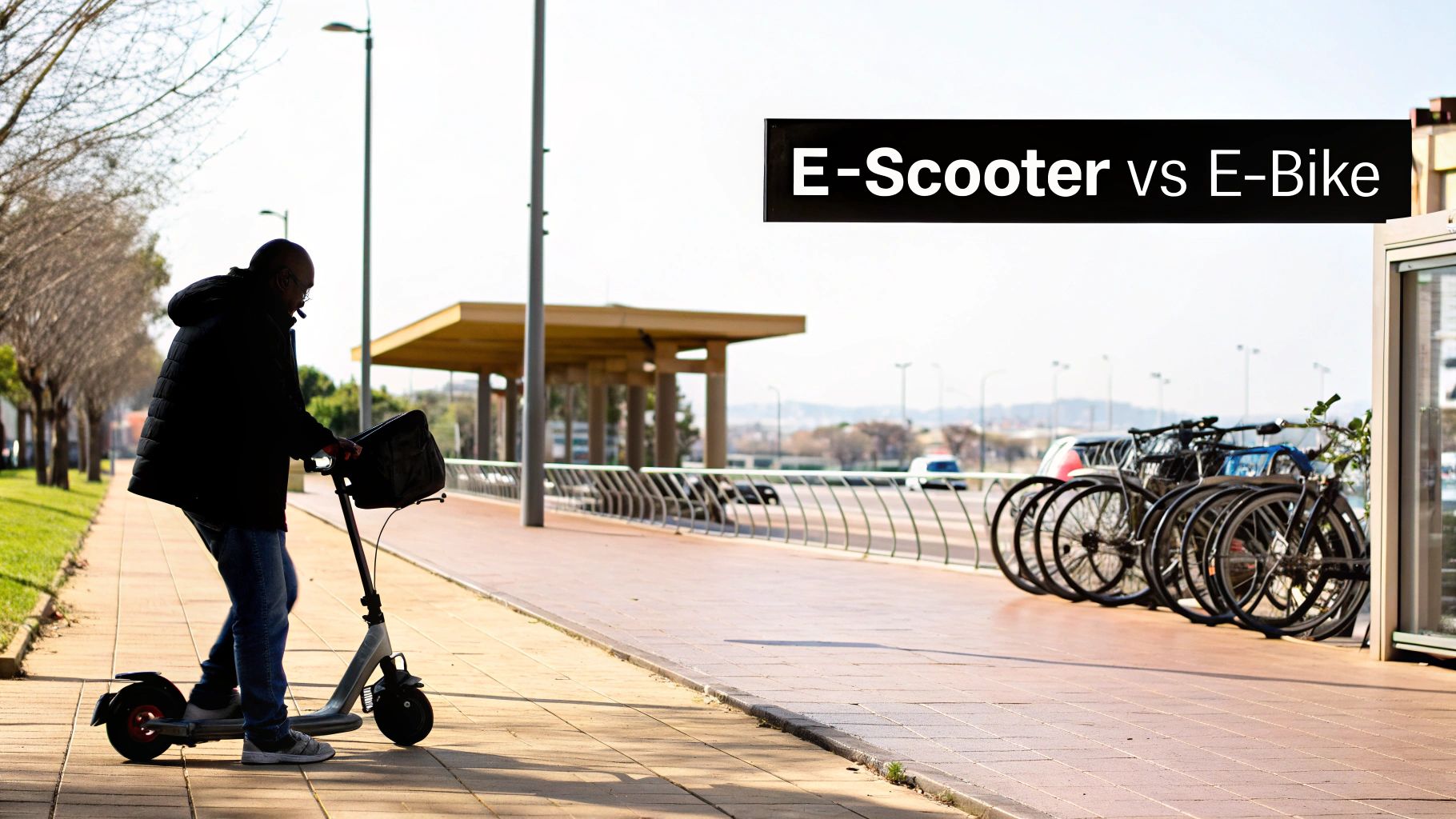 An e-scooter and e-bike side by side on a city street.