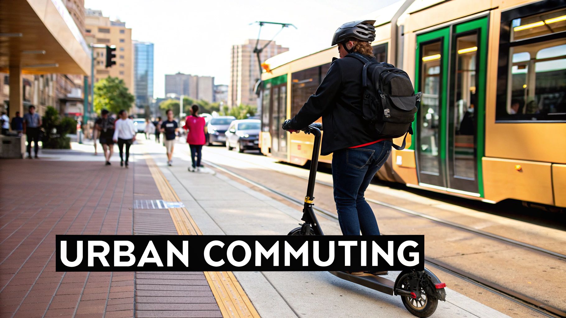 A person commuting on an electric scooter through a bustling city street with modern buildings in the background.