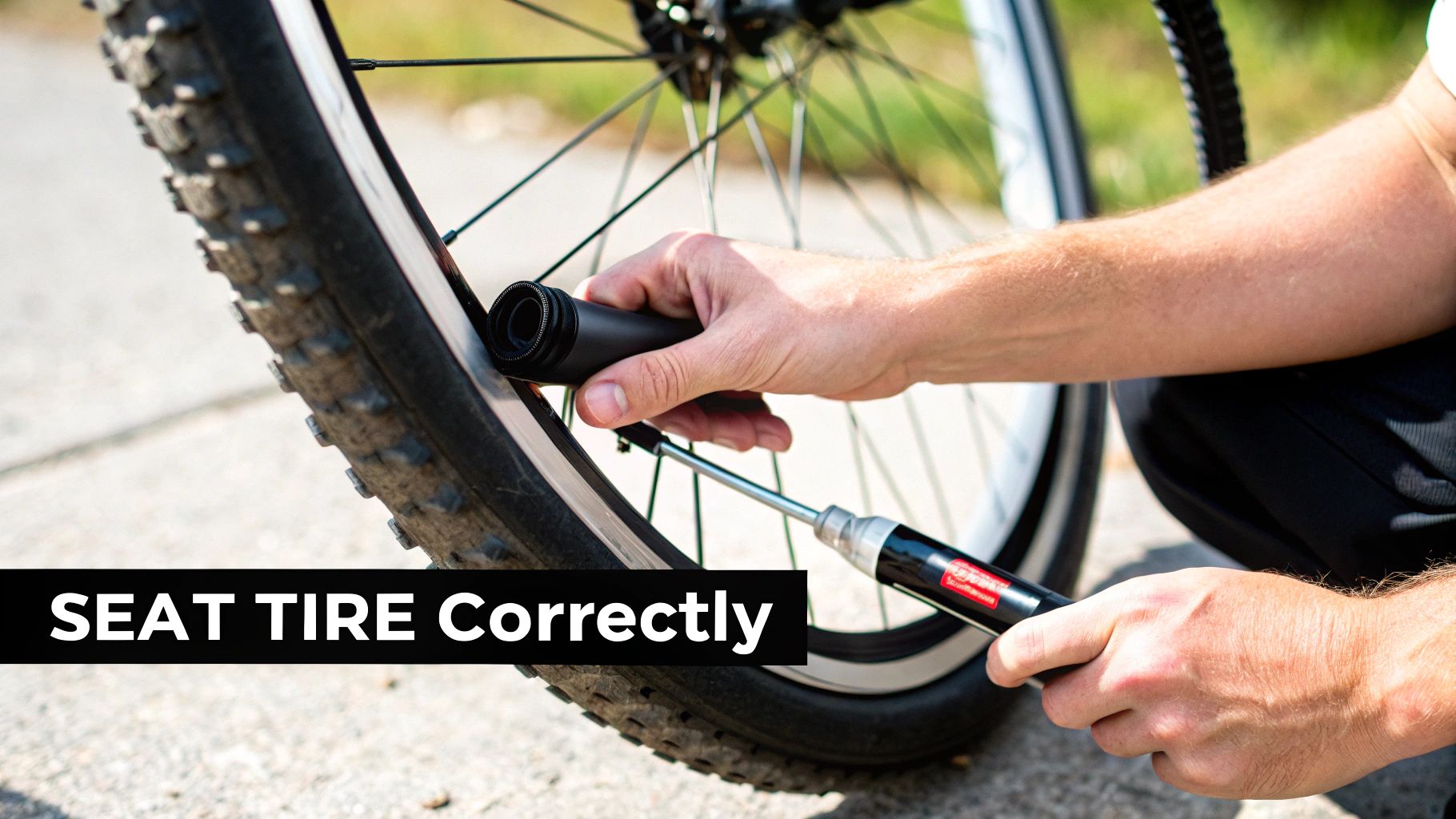 A person carefully putting an e-bike tire back onto the rim.