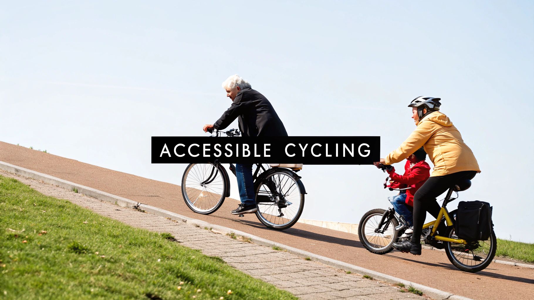 An older man, woman, and child enjoy accessible cycling on an uphill path under a clear sky.