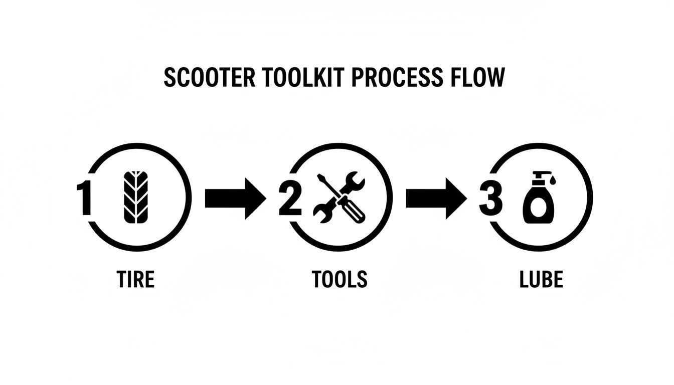 A black and white diagram illustrating the scooter toolkit process flow with three steps: tire, tools, and lube.