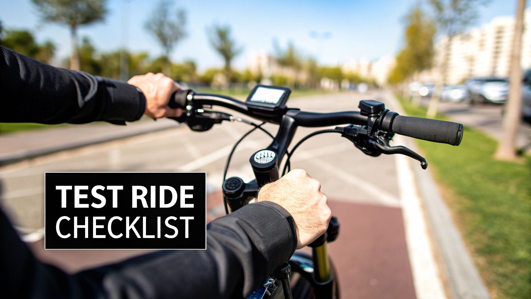 Dłonie trzymające kierownicę roweru elektrycznego z cyfrowym wyświetlaczem i tekstem „Lista kontrolna jazdy próbnej”.