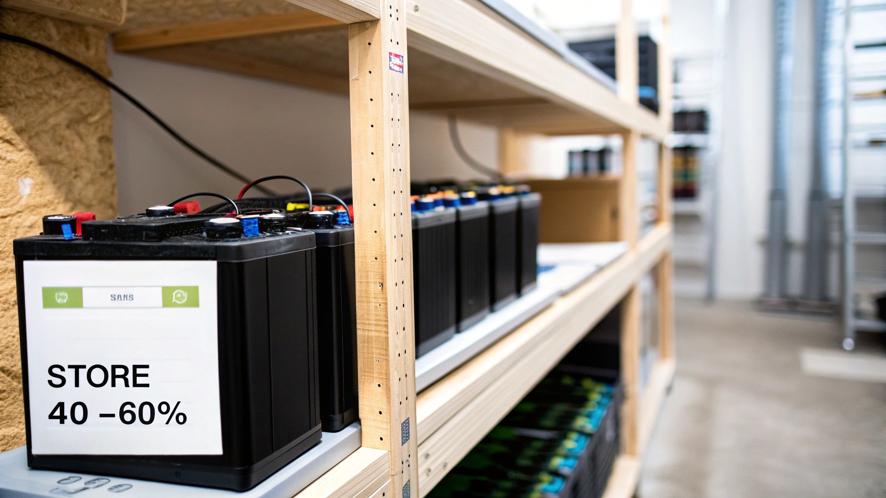 An ebike battery stored safely indoors on a shelf