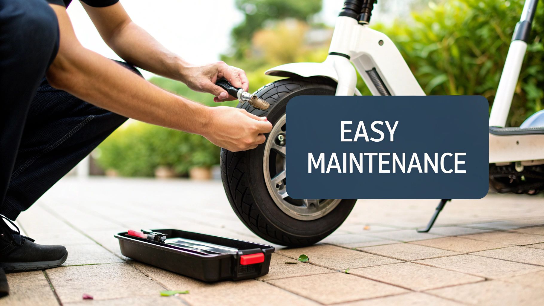 Person crouching, performing easy maintenance on the front tire of a white electric scooter outdoors.