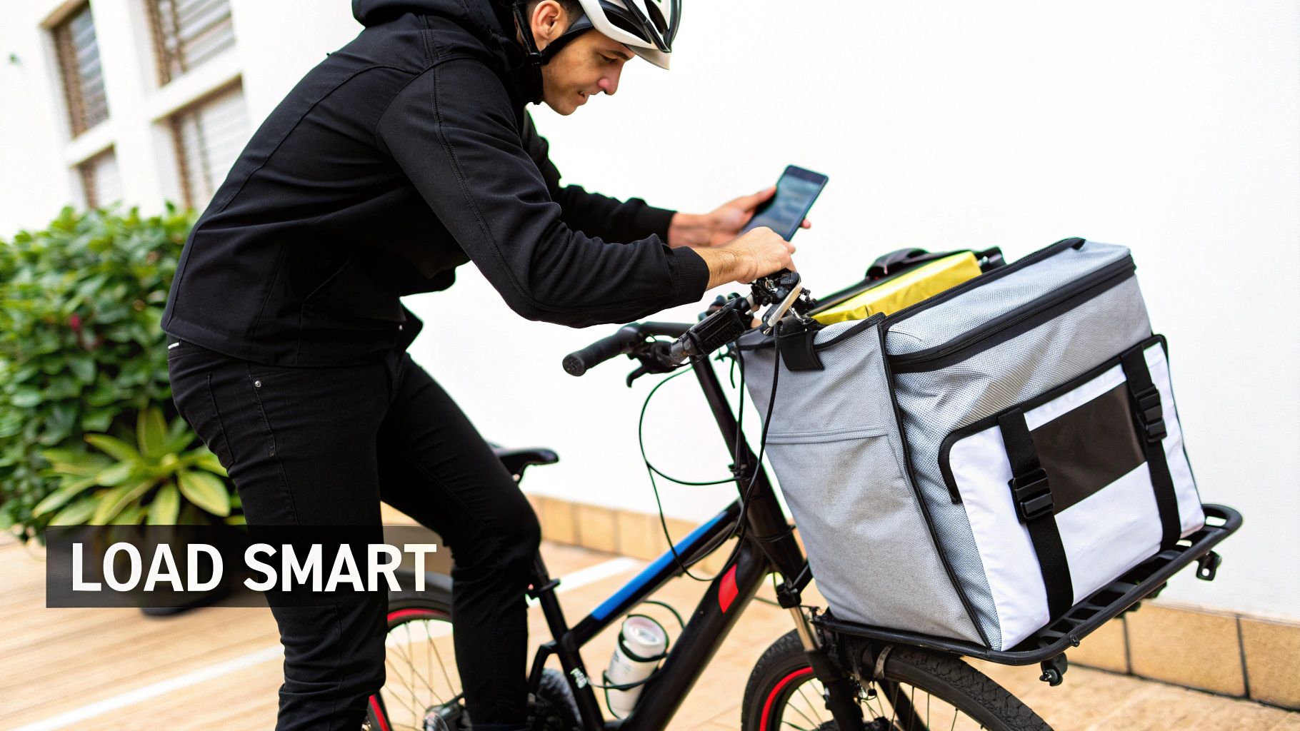 A delivery rider wearing a helmet checks their smartphone on a bicycle with a large front delivery bag.