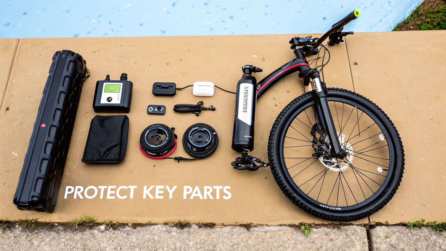 A close-up of an electric bike's battery and motor area after a ride in wet conditions.