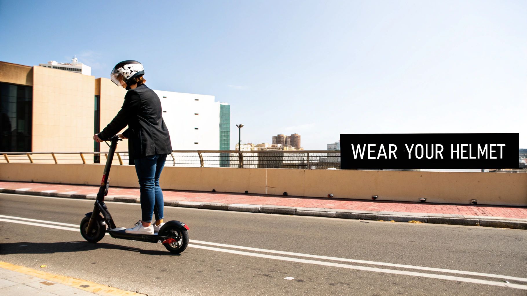 A person wearing a black helmet rides an e-scooter on a street under a clear sky.