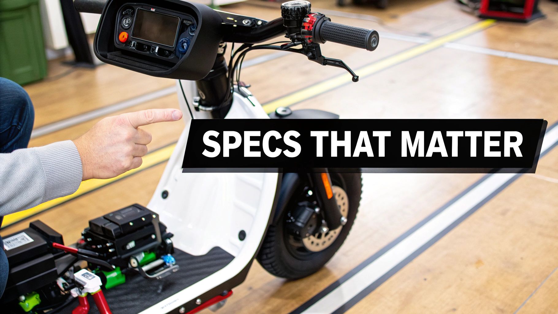 A person points to the exposed components of a white electric scooter, with a banner stating 'SPECS THAT MATTER'.