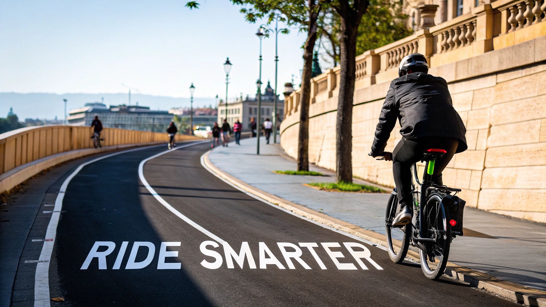 Osoba na elektrokole jede po cyklostezce označené 'RIDE SMARTER' v městském prostředí.