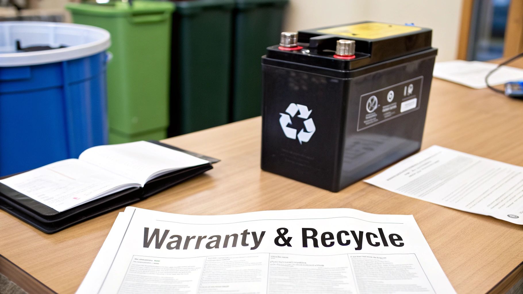 A black battery with a recycle symbol sits on a wooden desk with a warranty and recycle document.