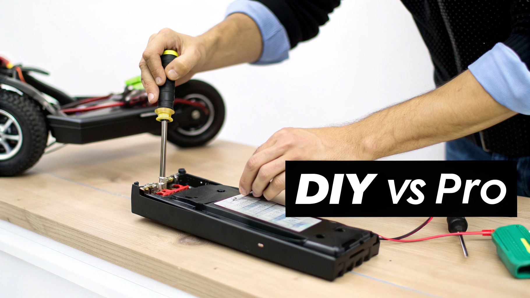 A person's hands are repairing an electric scooter battery with a screwdriver on a wooden table.